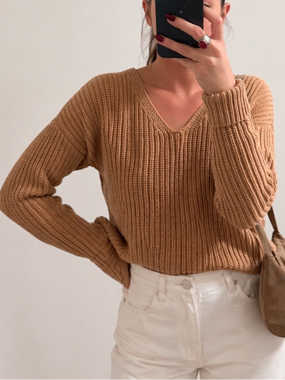 Classic V-Neck Ribbed Sweater in Camel